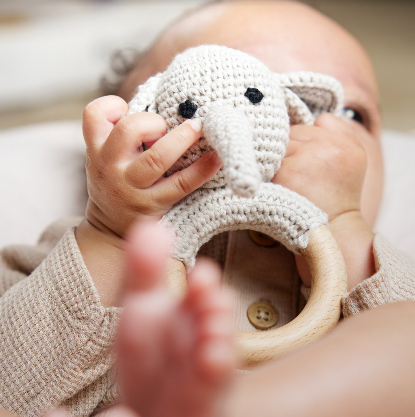 Handmade Organic Cotton Rattle Ring Teether · Elephant