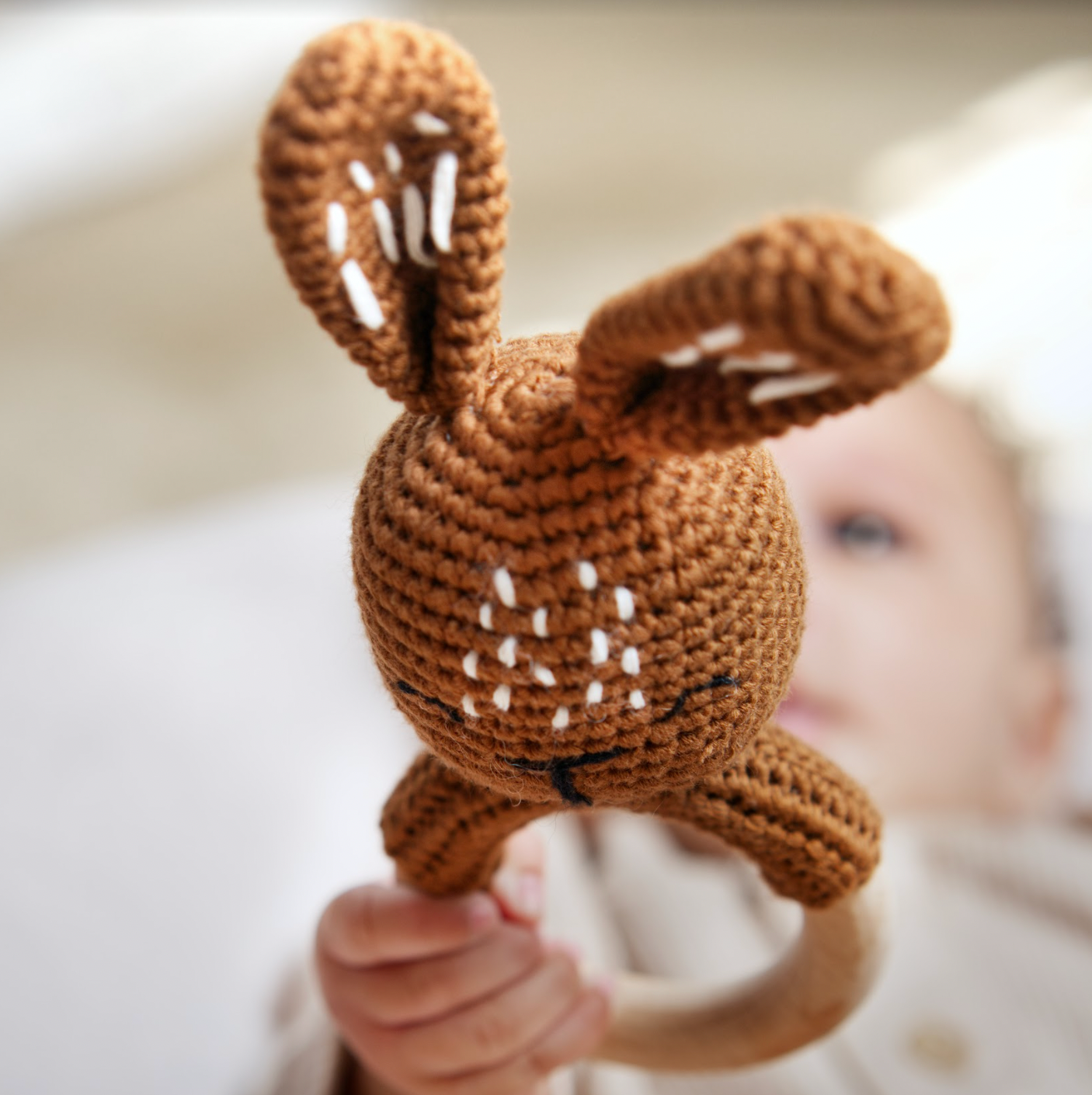 Handmade Organic Cotton Rattle Ring Teether · Bunny