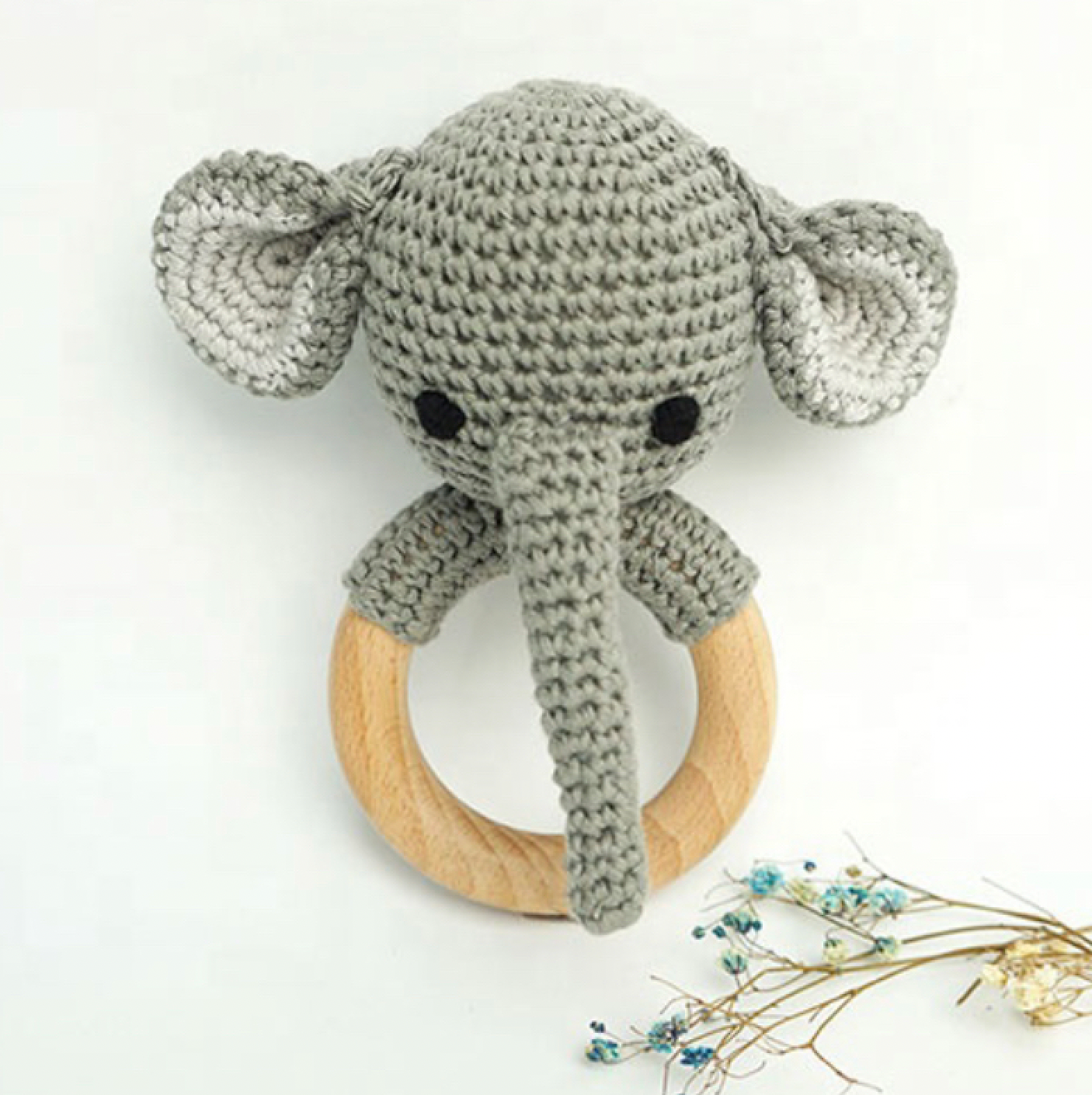 Handmade Organic Cotton Rattle Ring Teether · Elephant